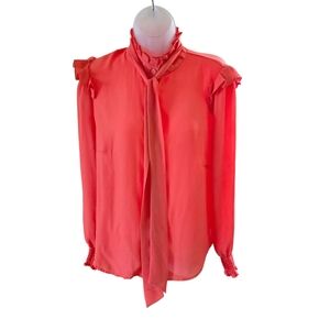 Coral Ruffle Neck Tie Blouse Long Sleeve Button‎ Front Women's Top M